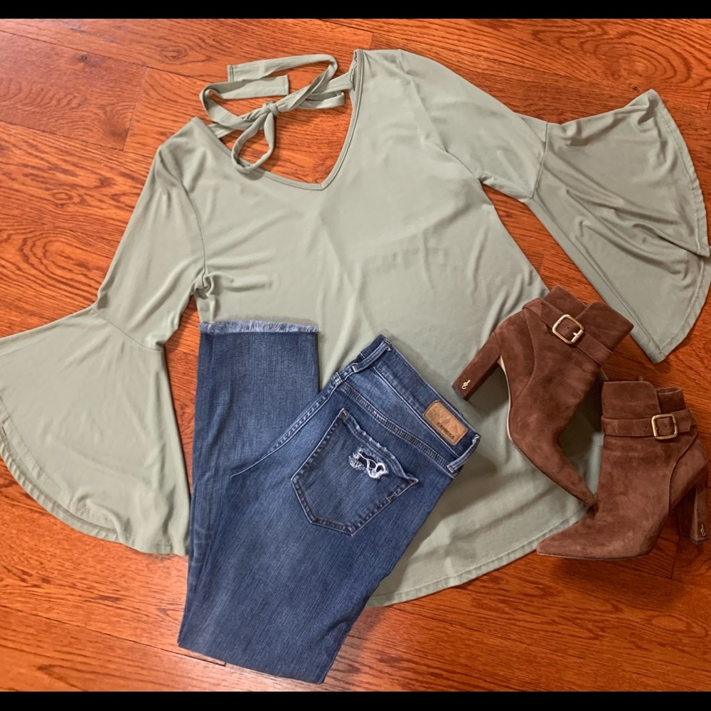 Sage Green Tie-Back Bell Sleeve Top Size S